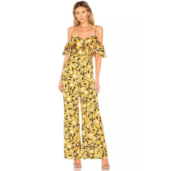 TULAROSA Ashlyn Marigold Floral Satin Off Shoulder Ruffle Jumpsuit Size Small